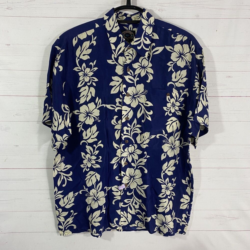 Hawaiian Silk Company Mens Short Sleeve Button Front Silk Shirt Sz L Blue Floral